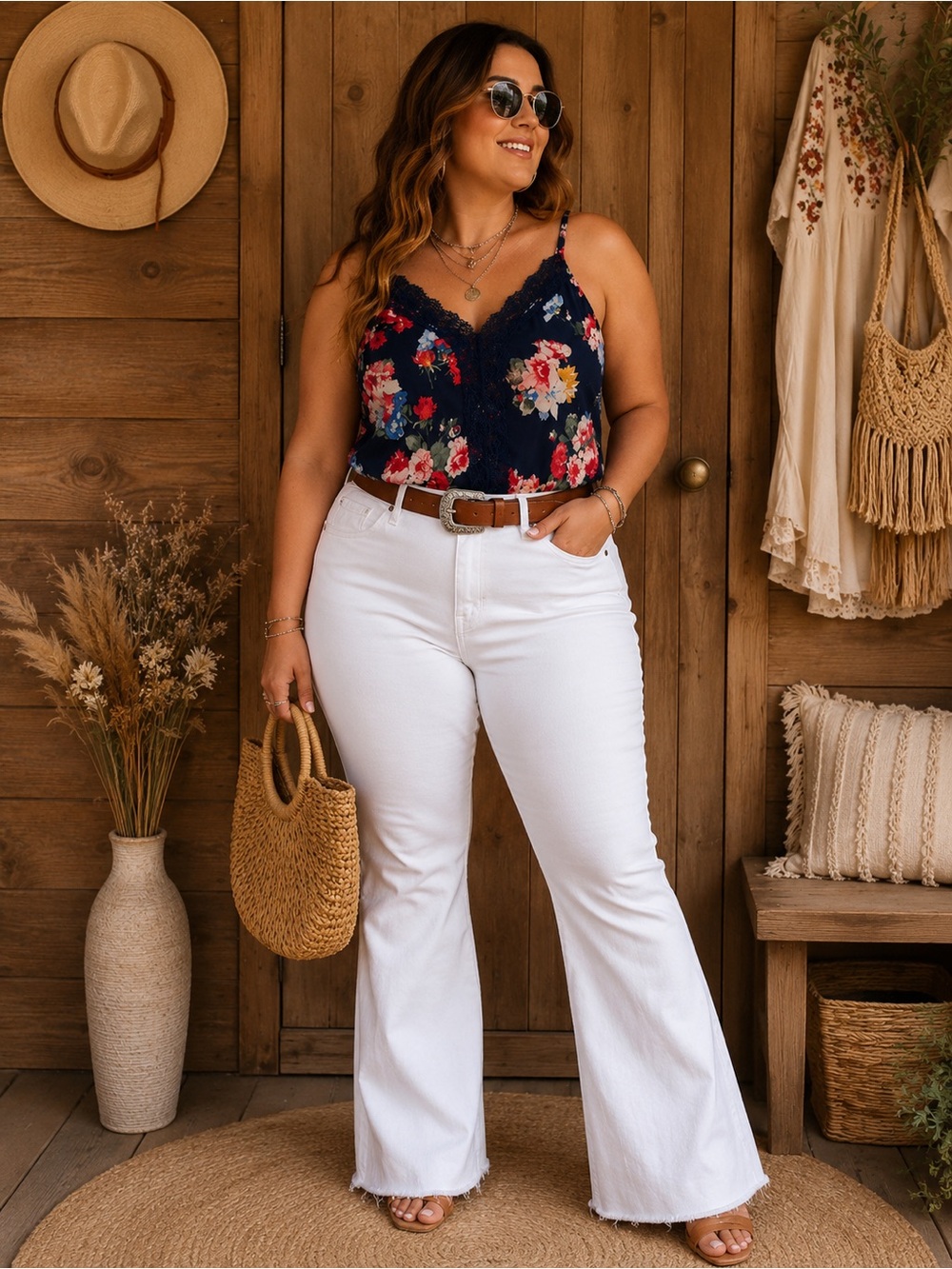 Curated Outfit | J. Crew NWT White Flare Jeans 20 + SHEIN Floral Lace Cami 1X